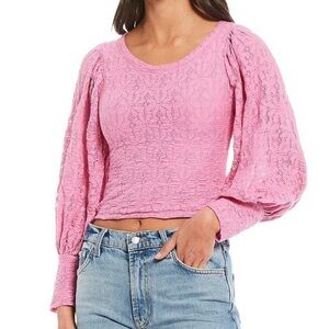 Free People Top Tea‎ Time Lace Crop Puffy Sleeves Bubblegum Pink X-Small